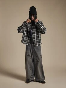 SUMWON Oversized Plaid Flannel Shirt With Silver Rhinestone Stud Embellishments Long Sleeve Button Front Collared Overshirt Fall Winter - Black and White - View 3