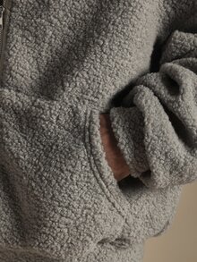 SUMWON Oversized Full-Zip Sherpa Hoodie With Old English Back Embroidery Side Pockets Fluffy Fleece Winter Jacket - Grey - View 6