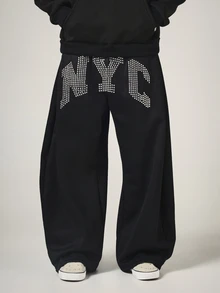 SUMWON NYC Rhinestone Star Studded Wide Leg Sweatpants With Elastic Waist And Patch Pocket Fall Winter Street Style - Black - View 1