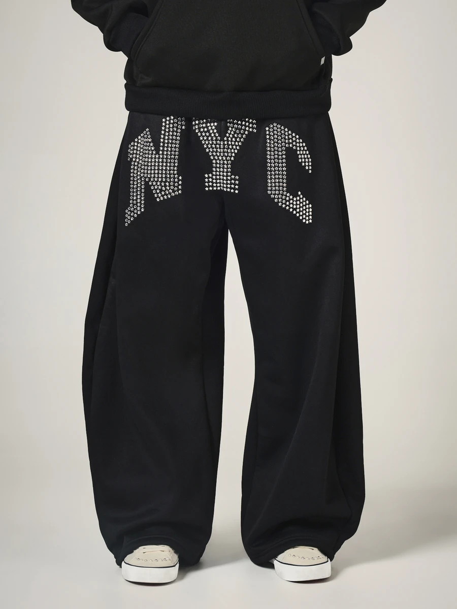 SUMWON NYC Rhinestone Star Studded Wide Leg Sweatpants With Elastic Waist And Patch Pocket Fall Winter Street Style - Black - View 1