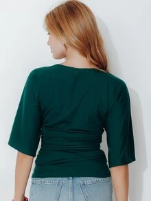 Pimkie Edition Women's Solid Color V-Neck Short Sleeve Pleated Casual Top - Army Green - View 2