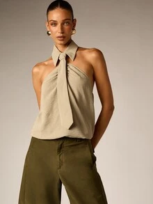 AiiRZ Collared Halter Neck Tie Front Open Back Cropped Blouse Sleeveless Summer Night Out Top - Green - View 5