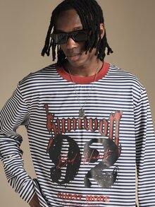 SUMWON Ghost Mode Graphic Long Sleeve Striped Crew Neck Oversized Longline Tee With Front Print - Black and White - View 5