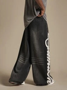 SUMWON Oversized Wide Leg Jeans With Cursive Script Applique Leg Print Washed Denim Baggy Fit Full Length Pants - Blue - View 4