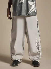 SUMWON Wide Leg Track Pants With Contrast Piping And Cursive Script Leg Print Relaxed Fit Full Length Trousers - Light Grey - View 3