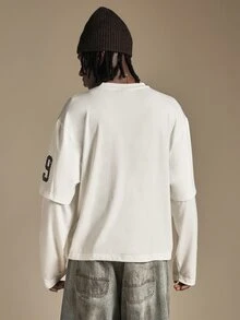 SUMWON Gothic Blackletter Logo Long Sleeve Layered Tee Crew Neck Boxy Fit With Sleeve Number Print Street Style Top - White - View 2