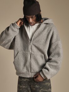 SUMWON Oversized Full-Zip Sherpa Hoodie With Old English Back Embroidery Side Pockets Fluffy Fleece Winter Jacket - Grey - View 2