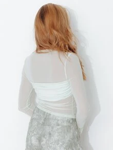 Pimkie Edition Women's Solid Color Contrast Mesh Long Sleeve Pleated Slim Fit Fashion Top - Mint Green - View 2