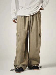 SUMWON Wide Leg Cargo Pants With Embroidered Logo Elastic Waist Drawstring Washed Finish Utility Pockets Full Length Street Style - Green - View 4