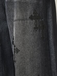 SUMWON Wide Leg Baggy Jeans With Gothic Cross Embroidery Washed Denim Pant Patch Pockets Full Length Streetwear Style - Grey - View 5