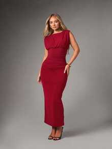 MISSGUIDED Ruched Bodycon Midi Dress With Cowl Neck And Cap Sleeves - Figure Hugging Stretch Party Evening Holiday Occasion Dress - Red - View 5