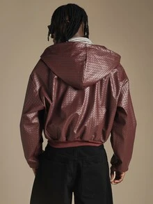 SUMWON Oversized Hooded Faux Leather Bomber Jacket With Woven Intrecciato Pattern Ribbed Hem Zip Closure Fall Winter Outerwear - Burgundy - View 2