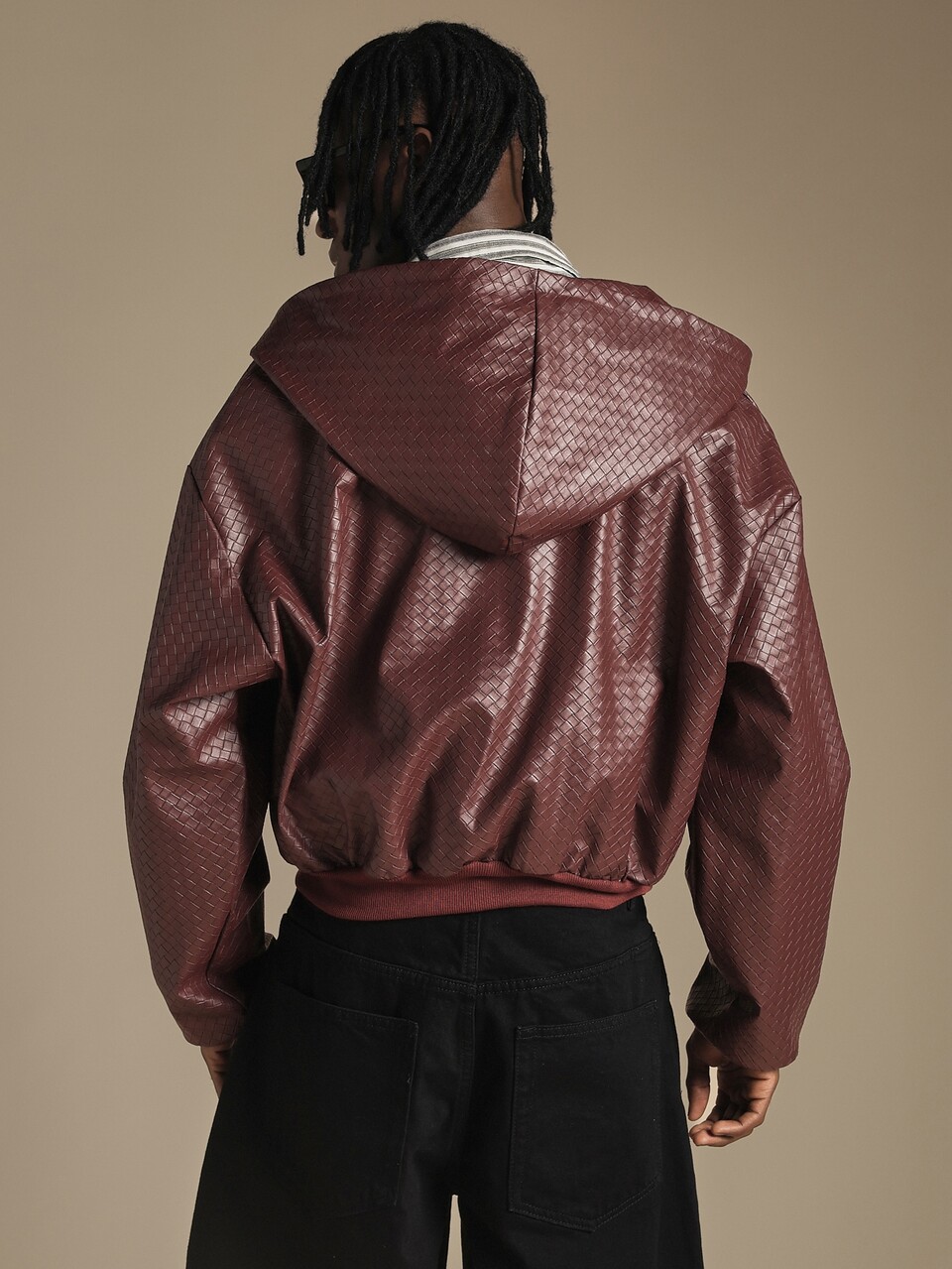 Oversized Hooded Faux Leather Bomber Jacket With Woven Intrecciato Pattern Ribbed Hem Zip Closure Fall Winter Outerwear