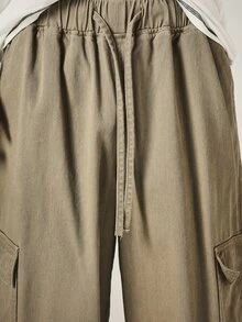 SUMWON Wide Leg Cargo Pants With Embroidered Logo Elastic Waist Drawstring Washed Finish Utility Pockets Full Length Street Style - Green - View 7