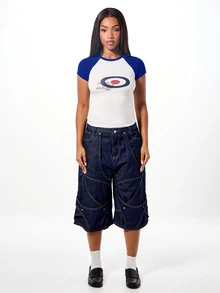 SUMWON WOMEN Raglan Crop Slim Fit Tee With Target Circle Graphic Print And Contrast Royal Blue Cap Sleeves Summon Est 2023 - Royal Blue - View 3