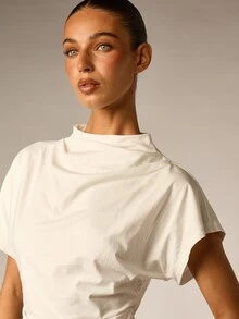 AiiRZ Mock High Neck Cropped Cap Sleeve T-Shirt With Ruched Waist Detail Soft Knit Summer Essential Top - White - View 2