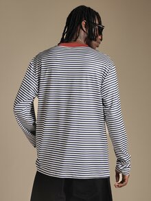 SUMWON Ghost Mode Graphic Long Sleeve Striped Crew Neck Oversized Longline Tee With Front Print - Black and White - View 2