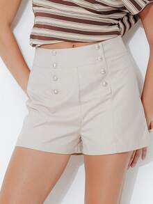 Pimkie Edition Women's Solid Color Button Design Casual Versatile Shorts - Khaki - View 3