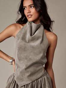 MISSGUIDED Faux Suede Halter Neck Top With Bubble Mini Skirt With Cowl Drape Front Open Back Strappy Detail And Balloon Hem - Grey - View 3