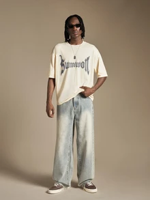 SUMWON Gothic Script Logo Print Crew Neck Short Sleeve Oversized Drop Shoulder T-Shirt Summer Streetwear Casual Essential - Apricot - View 3