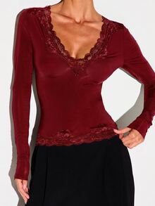 KIZN Long Sleeve Velvet Top With Deep V Neck And Lace Trim Detail Scallop Hem Fitted Stretch Top Fall Winter Party - Red - View 4