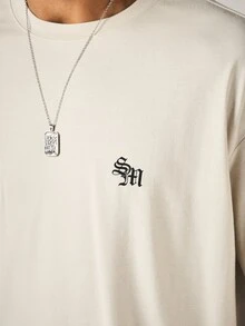 SUMWON Oversized Crew Neck Short Sleeve T-Shirt With Gothic Logo Embroidery And Doberman Back Graphic Print Summer Streetwear Tee - Khaki - View 5