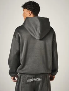 SUMWON Club Oversized Washed Hoodie With Gothic Applique Logo Print Long Sleeve Pullover Fall Winter Streetwear - Grey - View 5