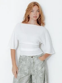 Pimkie Edition Women's Solid Color Boat Neck Batwing Sleeve Waist-Cinching Top - Beige - View 1