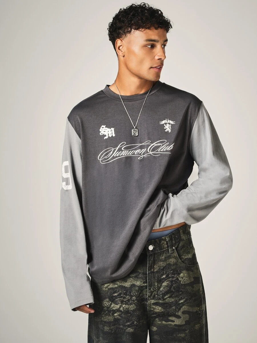 SUMWON Club Oversized Long Sleeve Color Block Tee With Script Logo Chest Print And Sleeve Number Graphic Detail - Grey - View 1