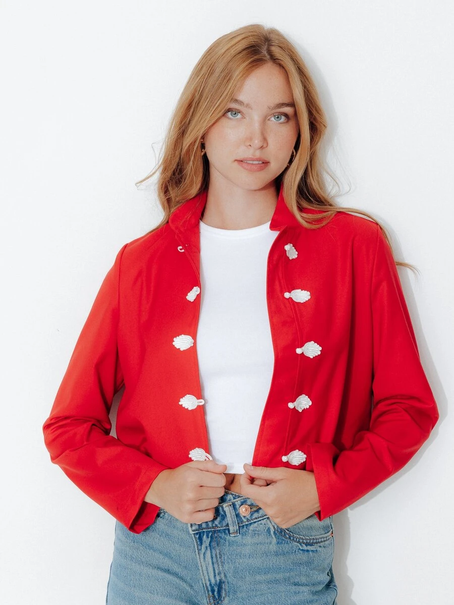 Pimkie Edition Jaket Kasual Wanita Lengan Panjang dengan Desain Kancing Katak - Merah - View 1