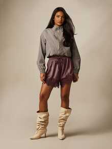 MISSGUIDED Satin Lace Trim Mini Shorts With Elastic Drawstring Waist Scalloped Hem Silky Finish Holiday Party Spring Summer - Violet Purple - View 4