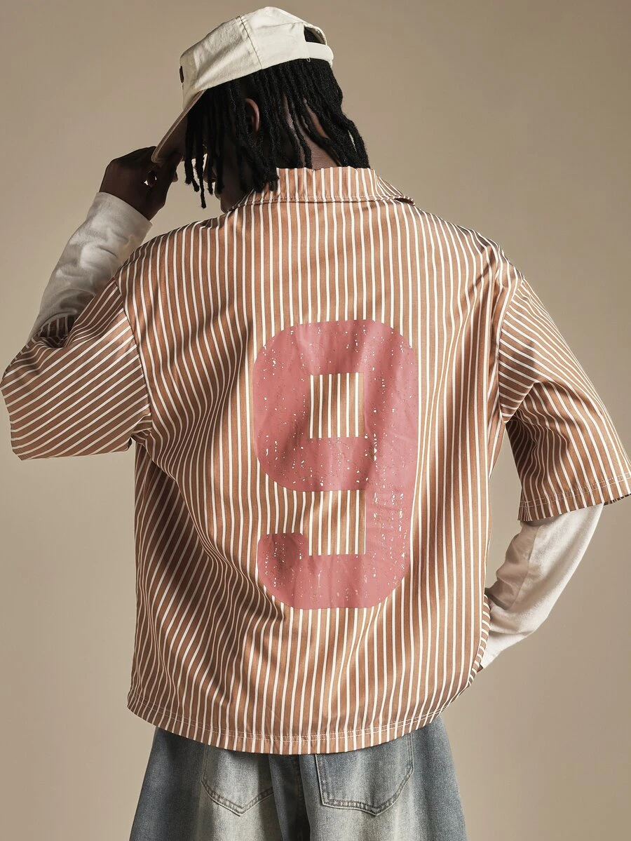 SUMWON Striped Camp Collar Short Sleeve Boxy Crop Shirt With Oversized Number 9 Back Graphic Print Summer Holiday Beach Casual Button-Down Top - Coffee Brown - View 1