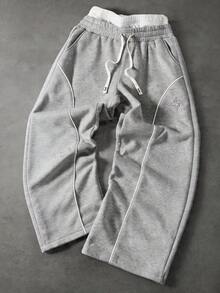 SUMWON Wide Leg Sweatpants With Contrast Piping Detail Embroidered Logo Drawstring Waist Elastic Waistband Side Pockets Full Length Casual Loungewear - Grey - View 1