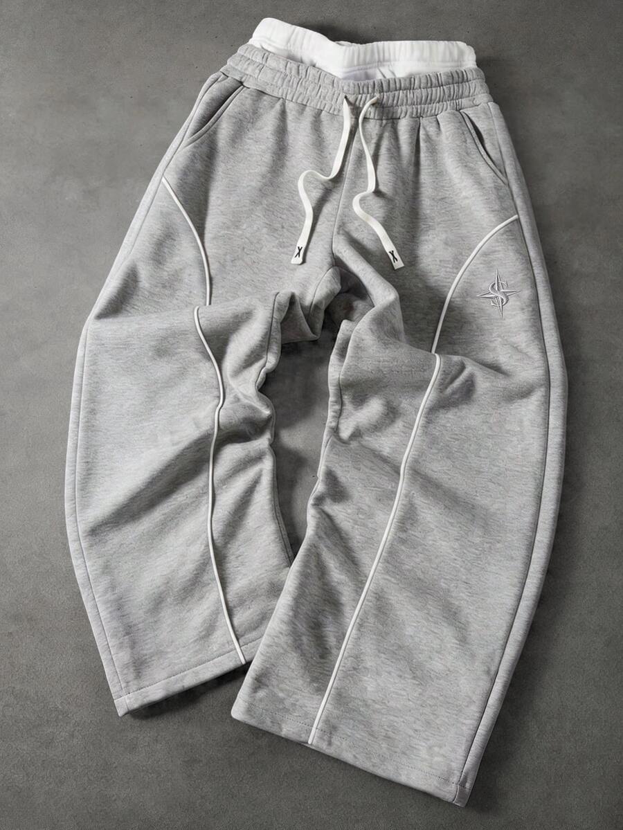 SUMWON Wide Leg Sweatpants With Contrast Piping Detail Embroidered Logo Drawstring Waist Elastic Waistband Side Pockets Full Length Casual Loungewear - Grey - View 1