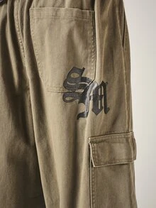 SUMWON Wide Leg Cargo Pants With Embroidered Logo Elastic Waist Drawstring Washed Finish Utility Pockets Full Length Street Style - Green - View 6