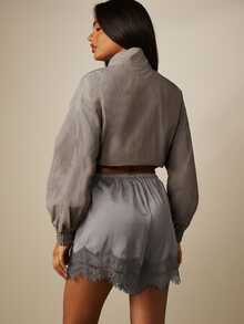 MISSGUIDED Satin Lace Trim Shorts With Elastic Drawstring Waist Scalloped Hem Luxe Silky Mini Shorts Spring Summer Holiday - Grey - View 3
