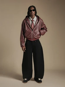 SUMWON Oversized Hooded Faux Leather Bomber Jacket With Woven Intrecciato Pattern Ribbed Hem Zip Closure Fall Winter Outerwear - Burgundy - View 3