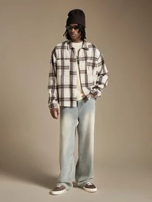 SUMWON Oversized Plaid Flannel Overshirt With Gothic Back Embroidery Long Sleeve Button-Front Winter Shirt - Multicolor - View 3
