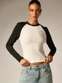 AiiRZ Ribbed Knit Crop Top Long Sleeve Raglan Color Block Crew Neck Fitted Baseball Style Top For Fall Winter - Black and White - View 1