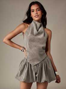 MISSGUIDED Faux Suede Halter Neck Top With Bubble Mini Skirt With Cowl Drape Front Open Back Strappy Detail And Balloon Hem - Grey - View 1