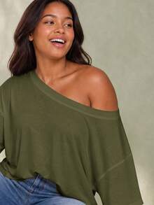 ELLERISSA Plus Size Army Green Off Shoulder Short Sleeve T Shirt - Army Green - View 5