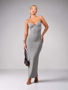 MISSGUIDED Spaghetti Strap Maxi Dress With Built-In Underwire Bust Cup Bodycon Fitted Silhouette Low Back Summer Evening Party - Light Grey - View 4