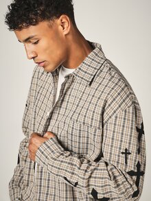 SUMWON Gothic Cross Applique Plaid Flannel Shirt Oversized Long Sleeve Button Down Collared Top With Sleeve Detail - Multicolor - View 5