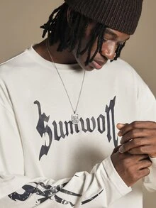 SUMWON Gothic Blackletter Logo Long Sleeve Layered Tee Crew Neck Boxy Fit With Sleeve Number Print Street Style Top - White - View 5