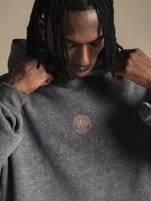 SUMWON Oversized Acid Washed Hoodie With Busy Doing Nothing Back Slogan Print And Chest Logo - Grey - View 4