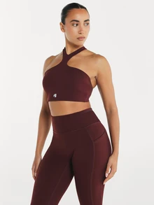 11SKNDS Halter Neck Crossback Sports Bra With Asymmetric Shoulder Cut-Out And Hook Closure With Sweat-Wicking, Stretchy, Breathable, Buttery-Soft, Low Impact Support & Removable Cups, For Gym Workout Fitness Studio, Running, Training & Hy-Rox - Brown - View 4