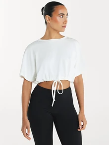 11SKNDS Oversized Crop T-Shirt With Drawstring Hem Boxy Short Sleeve Crew Neck Tie Waist Pullover Top Summer Festival Ready - White - View 1