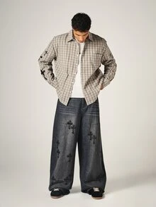 SUMWON Wide Leg Baggy Jeans With Gothic Cross Embroidery Washed Denim Pant Patch Pockets Full Length Streetwear Style - Grey - View 3