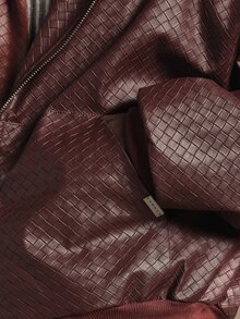 SUMWON Oversized Hooded Faux Leather Bomber Jacket With Woven Intrecciato Pattern Ribbed Hem Zip Closure Fall Winter Outerwear - Burgundy - View 6