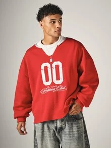 SUMWON Oversized Cropped V-Neck Sweatshirt With Varsity Number 00 Print And Script Logo Pullover Casual Street Style Long Sleeve Top - Red - View 1